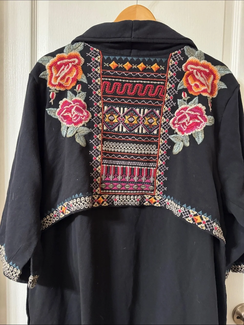 Johnny Was Black Embroidered Kimono| Duster with Rose Accents